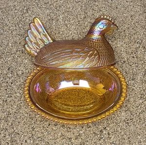 Vintage 7" Indiana Glass Hen on Nest Vintage Bowl Amber Gold Iridescent Carnival
